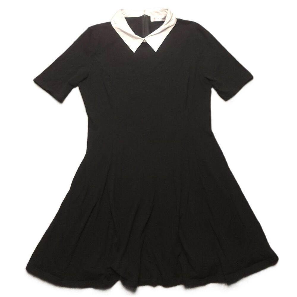Aphratti Women's L  (6) Dress Black Stretchy White Collar "Wednesday Look"